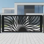 Czarny panel ogrodzeniowy metalowy z ażurowym wzorem promieni słońca, model Słoneczny Promień