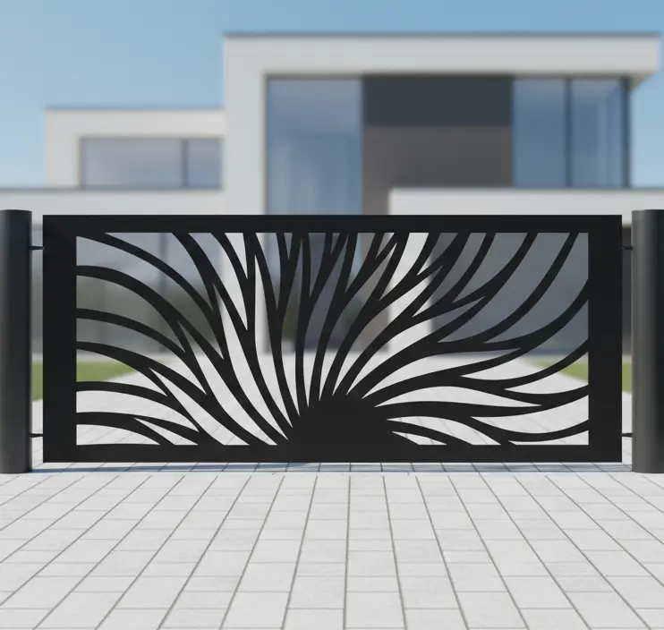 Czarny panel ogrodzeniowy metalowy z ażurowym wzorem promieni słońca, model Słoneczny Promień