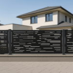 Czarny panel ogrodzeniowy metalowy Linia z nowoczesnym ażurowym wzorem poziomych linii, zamontowany na betonowej podmurówce.