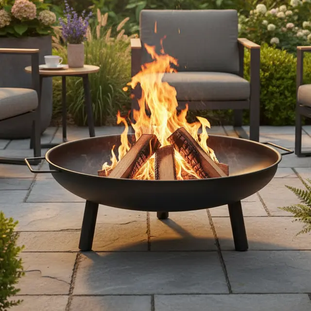 Palenisko ogrodowe stalowe czarne 60 cm z uchwytami na tarasie z płonącym ogniem