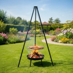 Grill ogrodowy trójnóg z paleniskiem i rusztem 2w1 – kiełbaski grillujące się nad ogniem