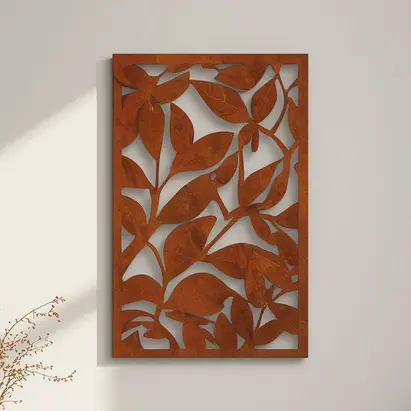 Panel dekoracyjny metalowy Big Leaves – cortenowy, z ażurowym wzorem dużych liści.