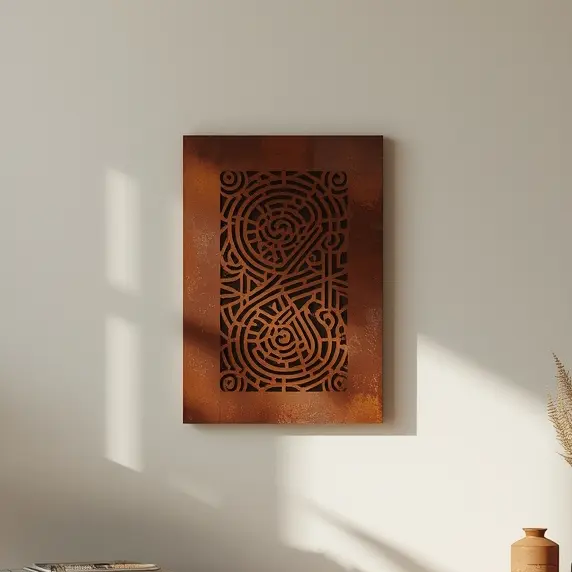 Panel dekoracyjny metalowy Celtic Maze – cortenowy, z geometryczno-ornamentalnym wzorem przypominającym labirynt celtycki.