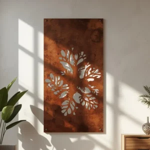 Panel dekoracyjny metalowy Leaf Rosette – cortenowy, z symetrycznym wzorem liści przypominającym rozetę.