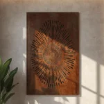 Panel dekoracyjny metalowy Cosmic Sun – cortenowy, z promienistym wzorem inspirowanym słońcem.