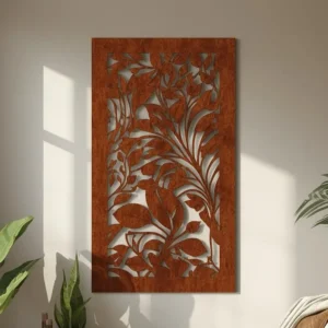 Panel dekoracyjny metalowy Climbing Leaves – cortenowy, z ażurowym wzorem gałązek i liści przypominających pnącze.