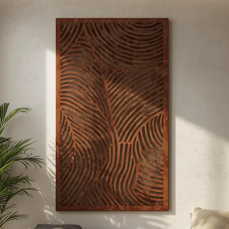 Panel dekoracyjny metalowy Fingerprint – cortenowy, z ażurowym wzorem przypominającym linie odcisku palca.