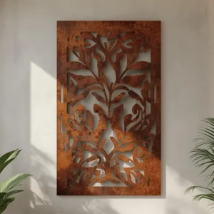 Panel dekoracyjny metalowy Royal Flora – cortenowy, z symetrycznym roślinnym wzorem o eleganckim charakterze.