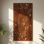 Panel dekoracyjny metalowy Blooming Garden – cortenowy, z ażurowym kwiatowym wzorem inspirowanym naturą.