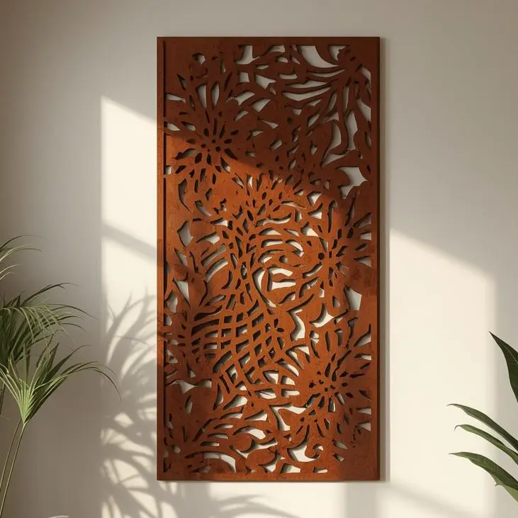 Panel dekoracyjny metalowy Blooming Garden – cortenowy, z ażurowym kwiatowym wzorem inspirowanym naturą.