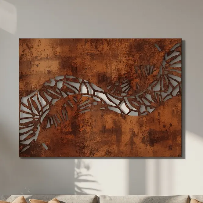 Panel dekoracyjny metalowy Rusty River – cortenowy, z geometrycznym wzorem przypominającym wijącą się rzekę.