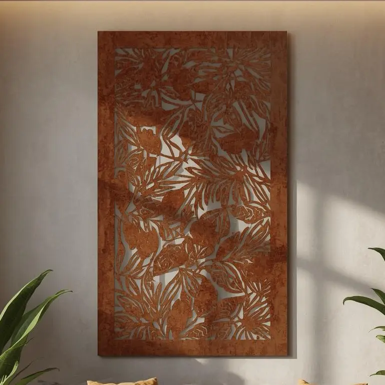 Panel dekoracyjny metalowy Amazonia z motywem tropikalnych liści, wykonany z cortenu, idealny do wnętrz i ogrodów.