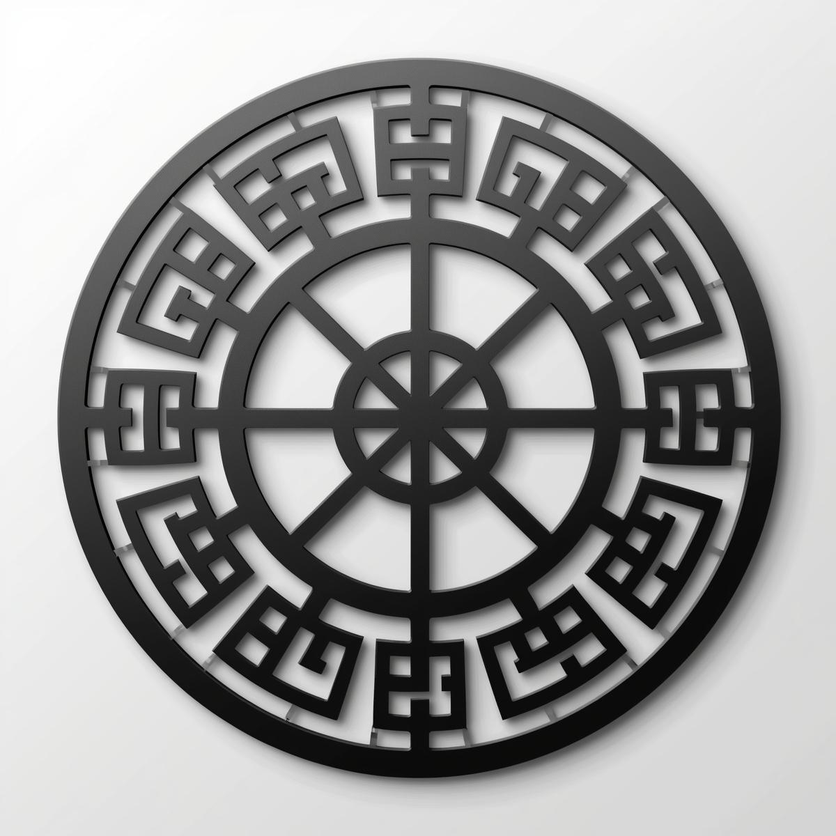 Metalowa dekoracja ścienna Rune Circle A – geometryczny wzór runiczny w kole