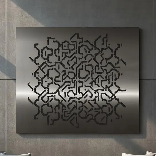 Panel dekoracyjny metalowy w stylu futurystycznym, z geometrycznym wzorem przypominającym cybernetyczną sieć połączeń.