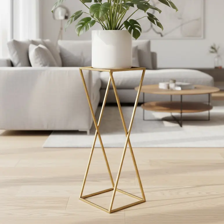 Stojak metalowy na kwiaty Minimal Złoty – nowoczesny, geometryczny stojak w kolorze złotym do salonu.