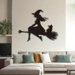 Metalowa dekoracja wiedźma z kotem na miotle – ozdoba Halloween
