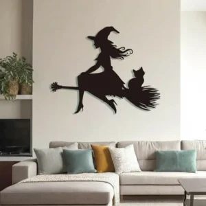 Metalowa dekoracja wiedźma z kotem na miotle – ozdoba Halloween