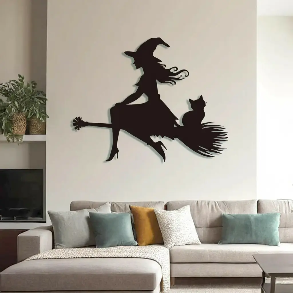 Metalowa dekoracja wiedźma z kotem na miotle – ozdoba Halloween