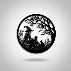 Metalowa dekoracja ścienna wiedźma z kotami w kręgu księżyca – ozdoba Halloween