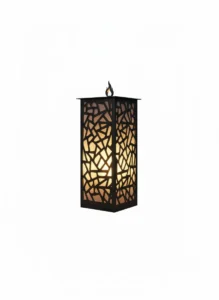 Lampion Mozaikowy Blask z geometrycznym laserowo wycinanym wzorem mozaiki, stal malowana proszkowo, dekoracyjny uchwyt w kształcie płomienia, podświetlenie wewnętrzne