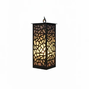 Lampion Mozaikowy Blask z geometrycznym laserowo wycinanym wzorem mozaiki, stal malowana proszkowo, dekoracyjny uchwyt w kształcie płomienia, podświetlenie wewnętrzne