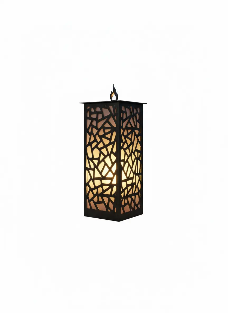 Lampion Mozaikowy Blask z geometrycznym laserowo wycinanym wzorem mozaiki, stal malowana proszkowo, dekoracyjny uchwyt w kształcie płomienia, podświetlenie wewnętrzne