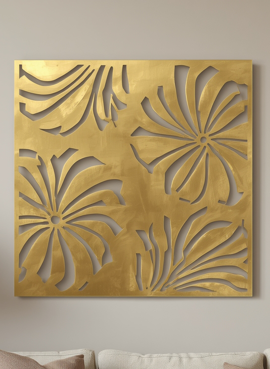 Panel dekoracyjny ażurowy Flora Lux z metalu, wzór kwiatów w złotym wykończeniu