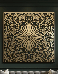 Panel dekoracyjny ażurowy Kwiat Orientu z metalu, złoty ornament inspirowany motywami orientalnymi