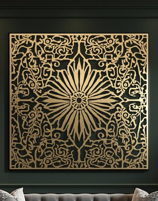Panel dekoracyjny ażurowy Kwiat Orientu z metalu, złoty ornament inspirowany motywami orientalnymi