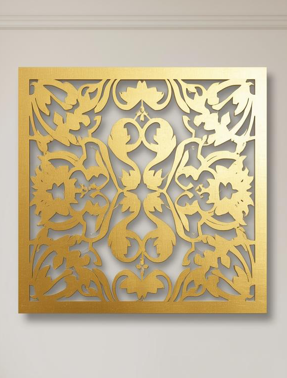 Panel dekoracyjny ażurowy Złota Arabeska z metalu, klasyczny ornament kwiatowo-roślinny w złotym wykończeniu