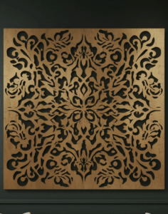 Panel dekoracyjny ażurowy Orientalna Symetria z metalu, złoty ornament o bogatym orientalnym wzorze