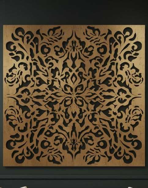 Panel dekoracyjny ażurowy Orientalna Symetria z metalu, złoty ornament o bogatym orientalnym wzorze