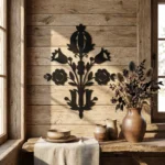 metalowa dekoracja ścienna z motywem kwiatów w stylu góralskim, czarna stal wycinana laserowo