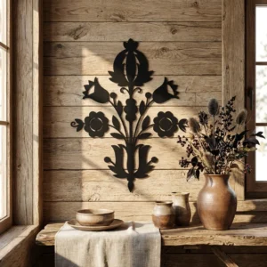 metalowa dekoracja ścienna z motywem kwiatów w stylu góralskim, czarna stal wycinana laserowo