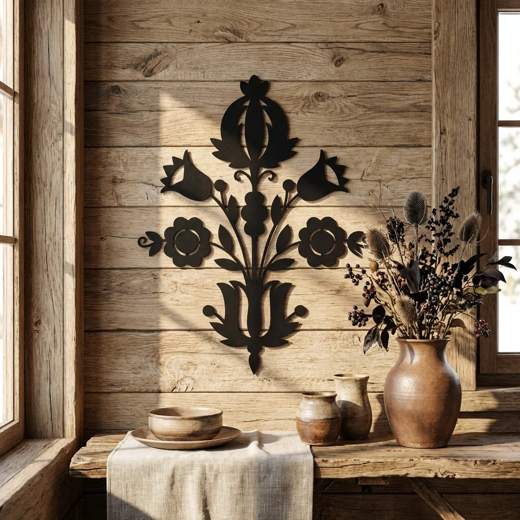 metalowa dekoracja ścienna z motywem kwiatów w stylu góralskim, czarna stal wycinana laserowo