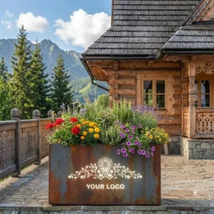 Donica corten z podświetlanym góralskim ornamentem i logo przed drewnianym domem w stylu góralskim, z widokiem na góry