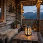 Lampion Zakopiański Ogień – metalowy lampion z ażurowym góralskim wzorem na drewnianym tarasie