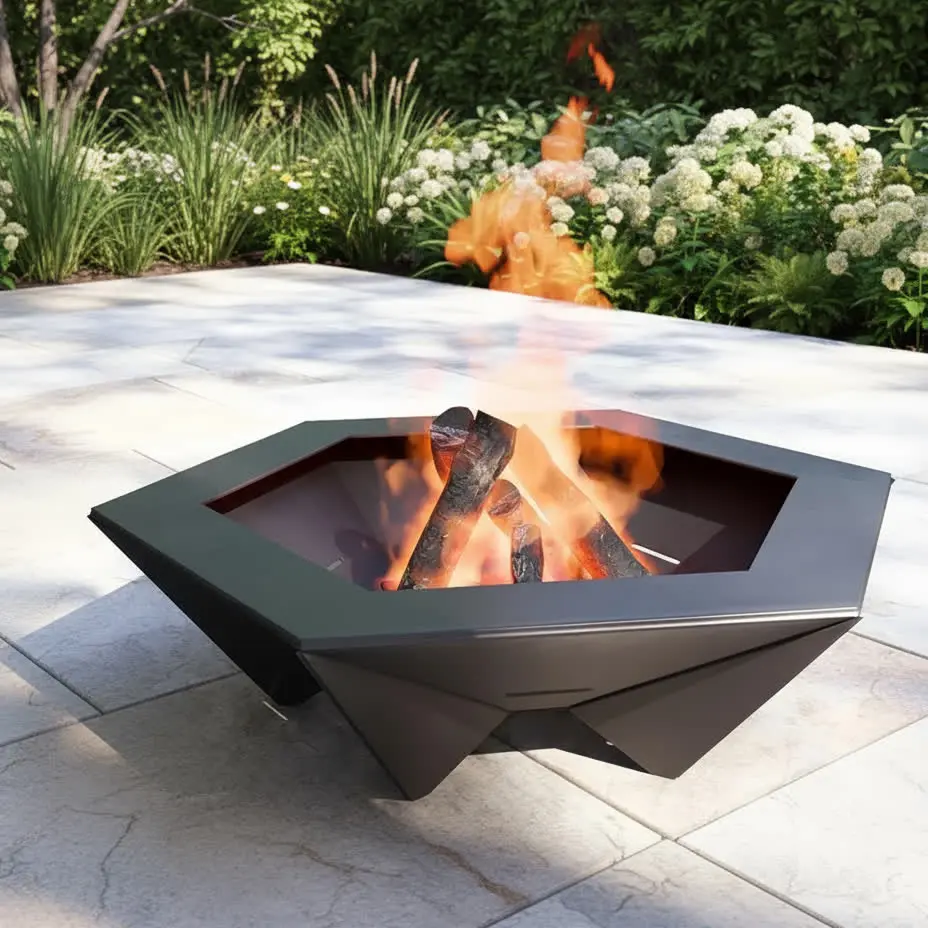 Czarne metalowe palenisko ogrodowe Hexa Flame o sześciokątnej formie, ustawione na tarasie z płyt kamiennych, z płonącym ogniem pośrodku.