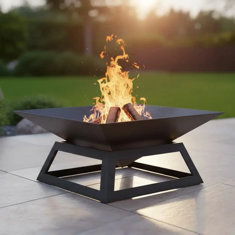 Nowoczesne metalowe palenisko tarasowe Steel Flame w kolorze czarnym, stojące na płytkach tarasowych z rozpalonym ogniem w środku.