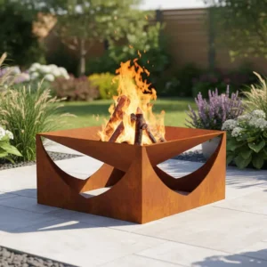 Nowoczesne palenisko ogrodowe z metalu ustawione na tarasie wśród foteli i roślin.