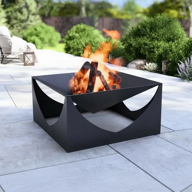 Czarne metalowe palenisko tarasowe Modern Arc o nowoczesnym, geometrycznym kształcie z półokrągłymi wycięciami, stojące na kamiennym tarasie z płonącym ogniem.