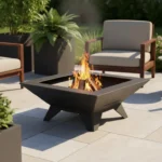 Nowoczesne metalowe palenisko ogrodowe Black Nova z czarnej stali, stojące na tarasie wśród roślin i mebli ogrodowych, z płonącym ogniem w środku