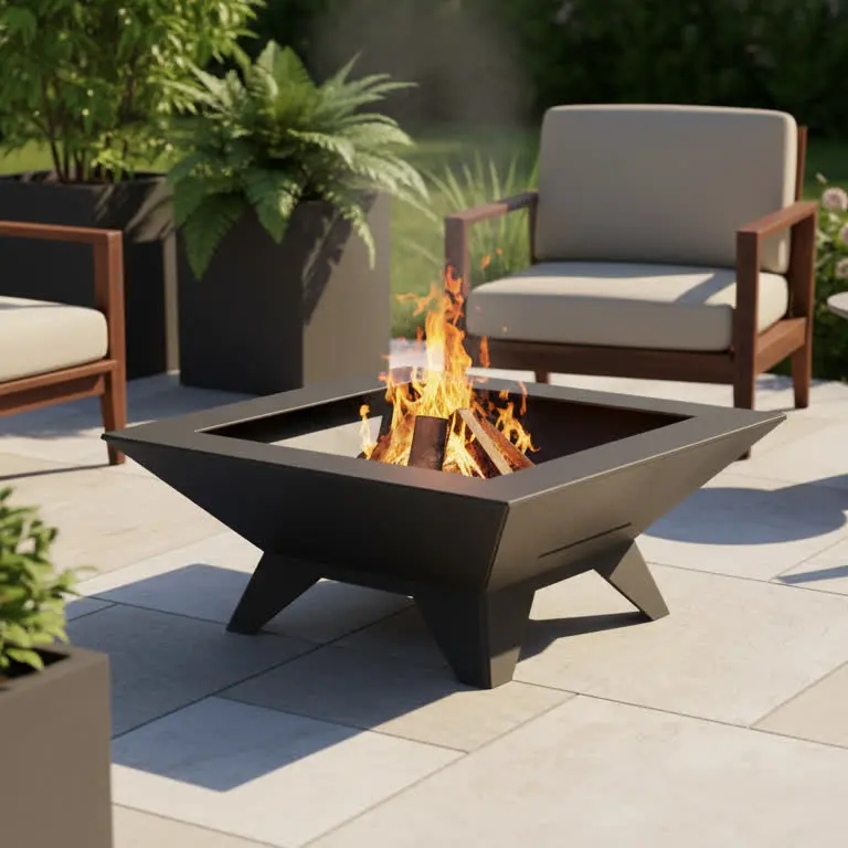 Nowoczesne metalowe palenisko ogrodowe Black Nova z czarnej stali, stojące na tarasie wśród roślin i mebli ogrodowych, z płonącym ogniem w środku