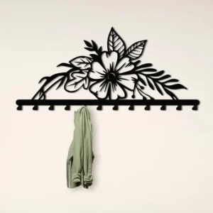 Metalowy wieszak ścienny Kwiatowa Dekoracja z dużym kwiatem i liśćmi