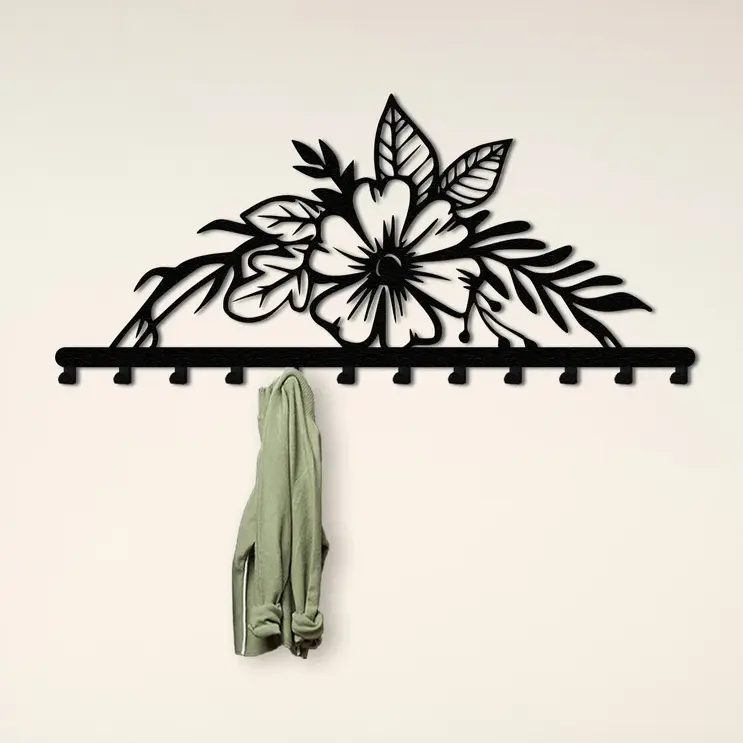 Metalowy wieszak ścienny Kwiatowa Dekoracja z dużym kwiatem i liśćmi
