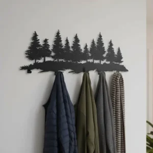 Metalowy wieszak ścienny Leśny Krajobraz z motywem drzew iglastych