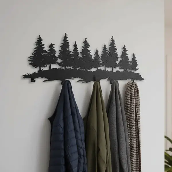 Metalowy wieszak ścienny Leśny Krajobraz z motywem drzew iglastych