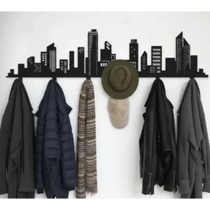 Metalowy wieszak ścienny Panorama Miasta z sylwetką drapaczy chmur