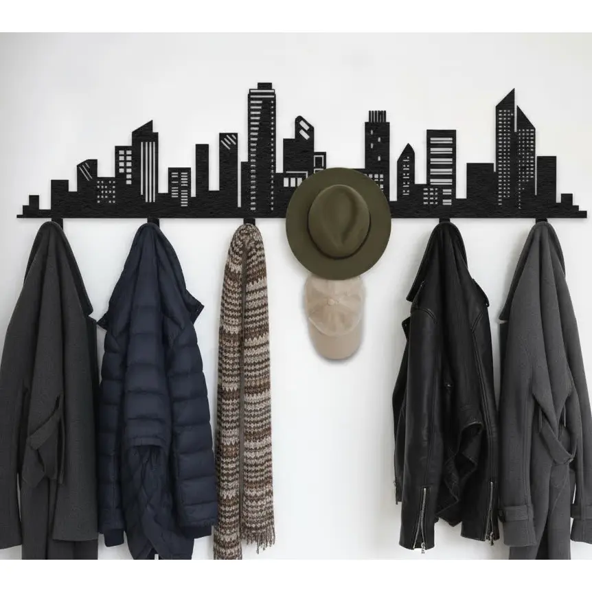 Metalowy wieszak ścienny Panorama Miasta z sylwetką drapaczy chmur