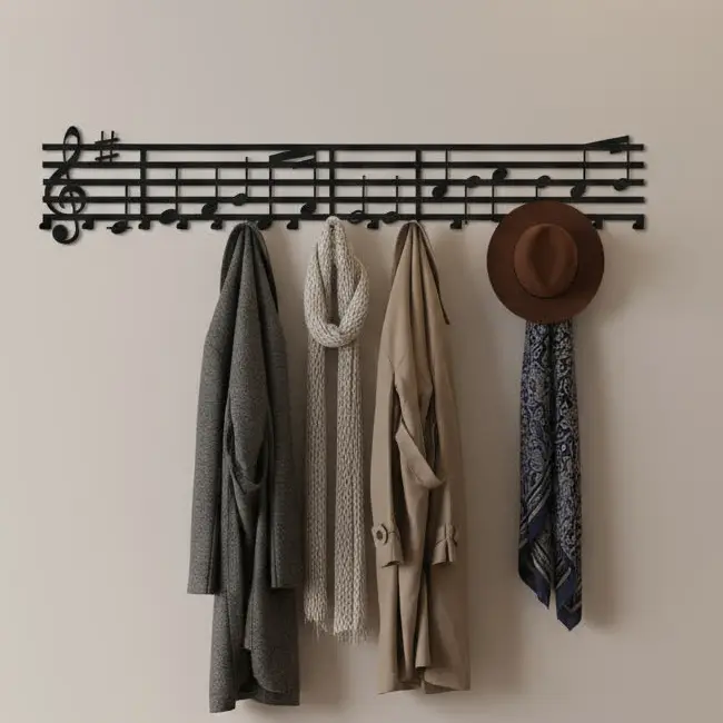 Metalowy wieszak ścienny Nuty Muzyczne z motywem pięciolinii i nut